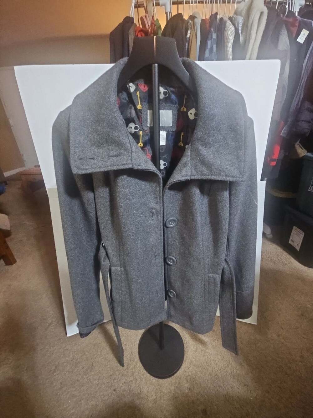 dELiA*s Wool Coat Size M Gray Funnel Neck Belted Pea Coat
